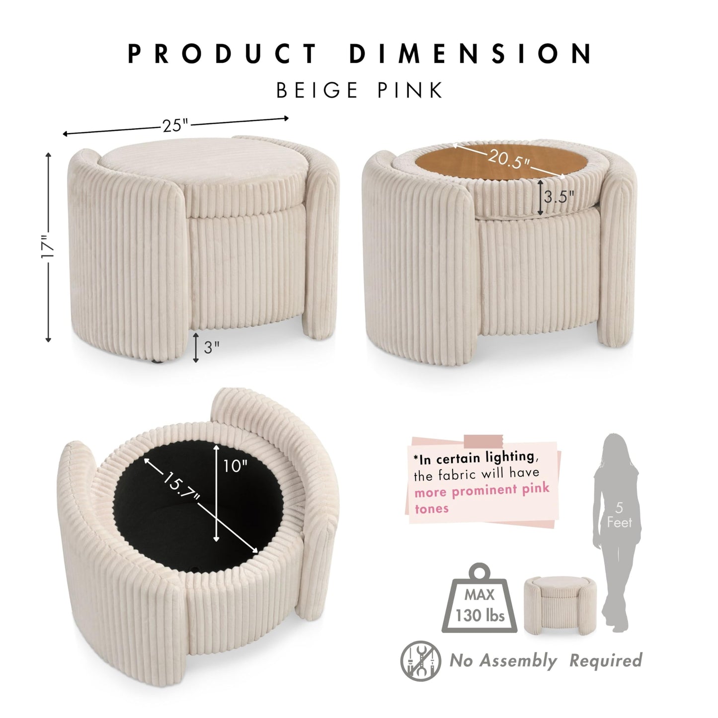 Furniture of America Lennox Modern Chenille 25-inch Round Storage Ottoman with Reversible Flip Top, Upholstered Footstool for Living Room, Bedroom, Entryway, Beige Pink