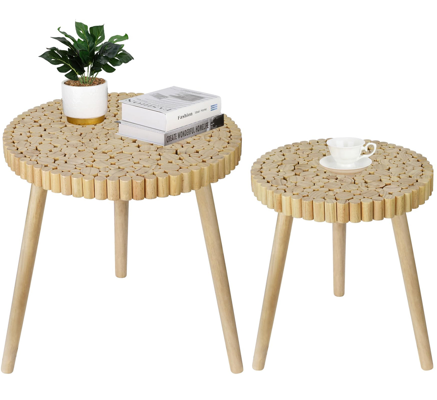 Round Coffee Table Set of 2, Farmhouse Nesting Coffee Table, Small Circle Wood Coffee Table, Mid Century Modern Nightstand, Boho Patio Side Table End Tables for Living Room Bedroom Balcony Outdoor