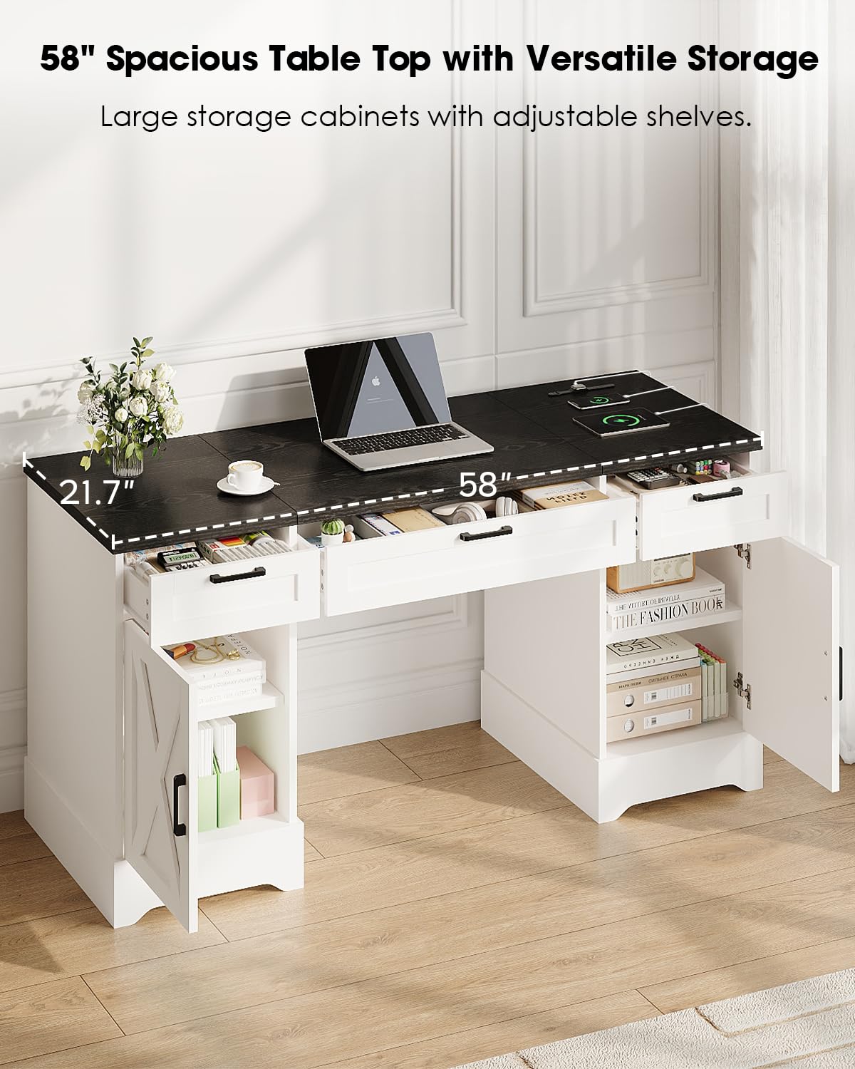 HOPUBUY Farmhouse Executive Desk with File Drawers,Wood Home Office Desk w/Charging Station,Adjustable Storage Cabinets,White Computer Writing Desk for Work,Study