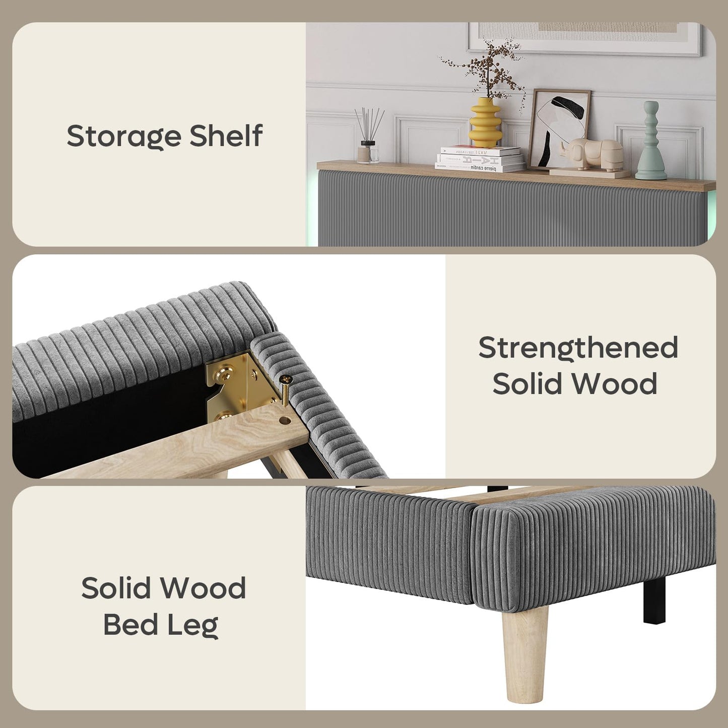 Bestier Queen Bed Frame with Adjustable Headboard & LEDLighting, Corduroy Upholstered Platform Bed Frame withStorage Shelf, Solid Wood Slats, No Box Spring Needed,Never Squeak, Easy Assembly, Grey