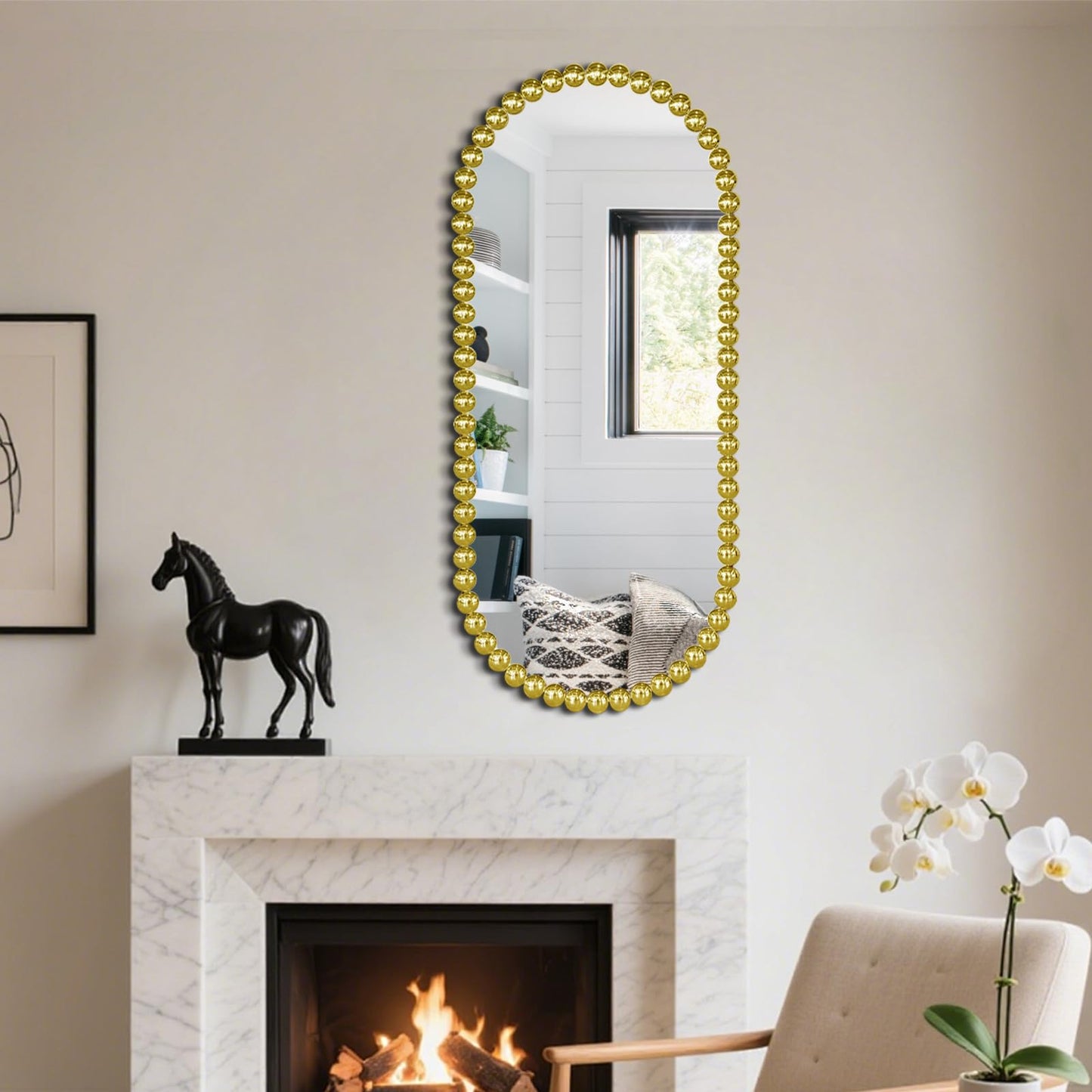 Scoffee Gold Oval Bathroom Mirror Vanity Hanging Beaded Framed Baroque Decorative Wall Mirror for Over Sink，Bedroom, Entryway