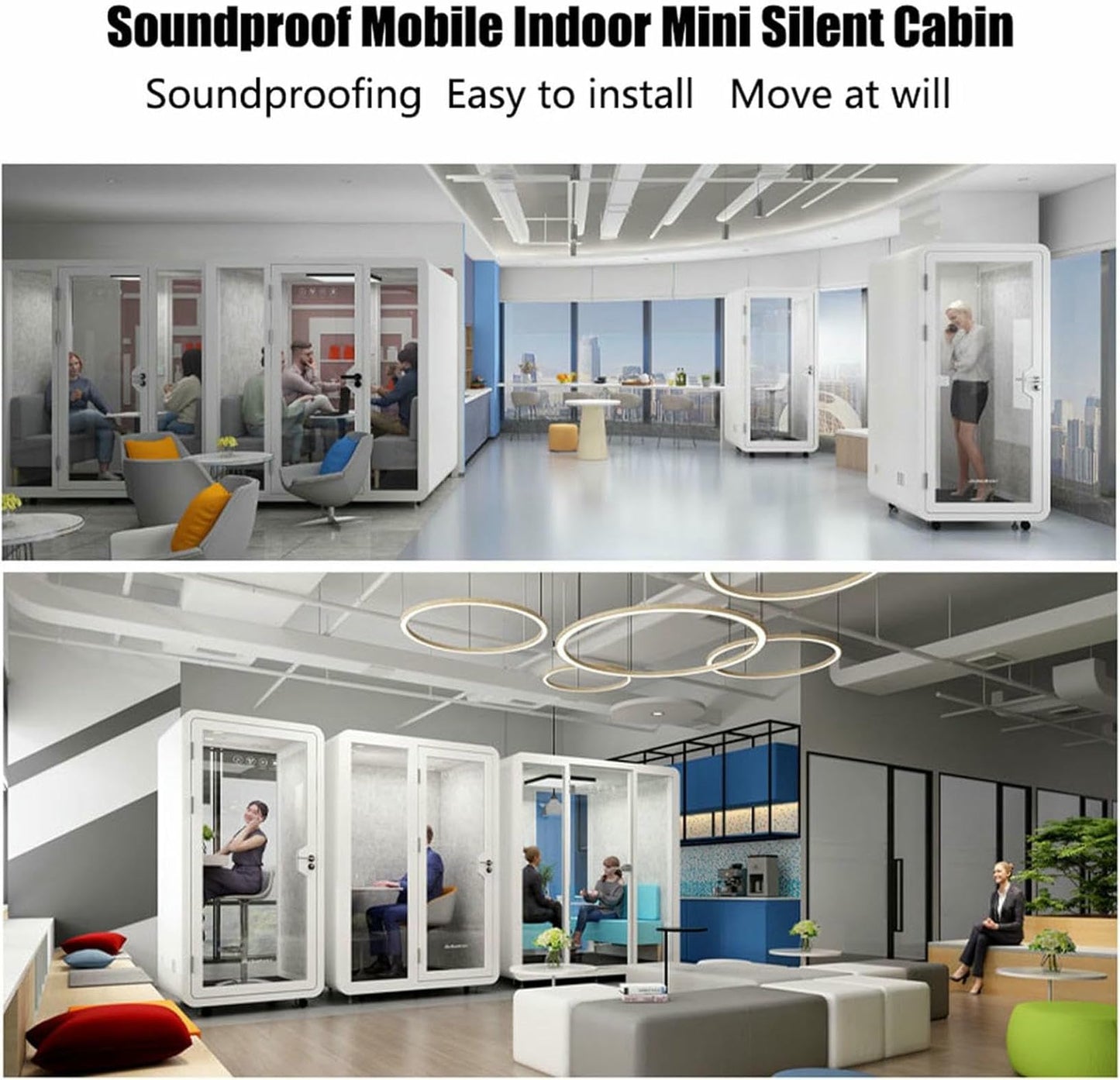 Mobile Soundproof Office Pod, Portable Movable Sound Proof Phone Booth, LED-Light Sound Proof Booth Work Pod for Office and Home, Privacy Proof Separate Room