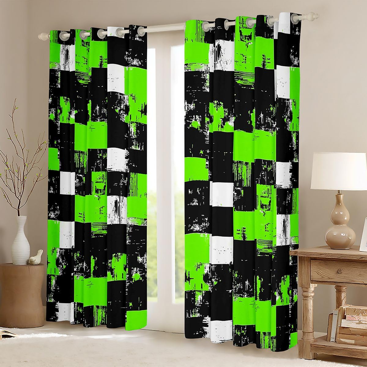 Feelyou Abstract Blackout Curtains Green Black White Darkening Drapes for Bedroom Room Decor Buffalo Check Plaid Thermal Insulated Shades Geometric Window Treatments, 2 Panels 38 x 45 Inch