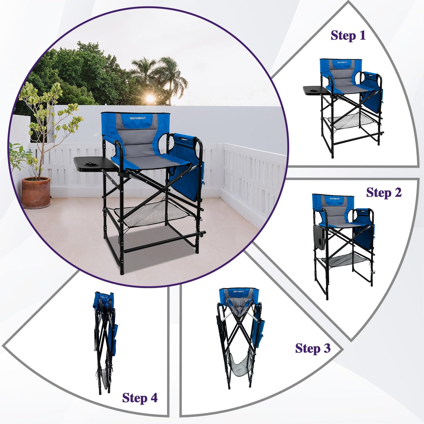 WKFAMOUT Tall Folding Directors Chair with Side Table 30.71" Seat Height Foldable Camping Chair Bar Stool for Makeup Artist Face Painting with Footrest and Storage Pocket Supports 350LBS