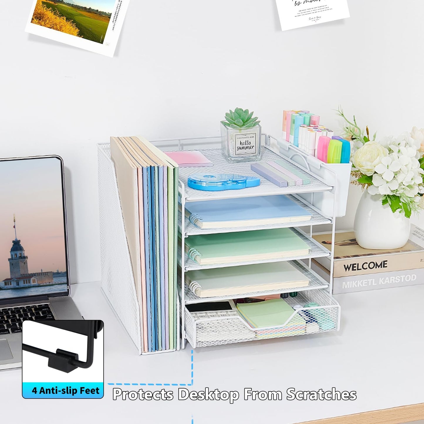 Gugsey Desk Organizers and Accessories, 5-Tier Paper Letter Tray Organizer with File Holder, Drawer & Pen Holder, Office Desk Accessories, Desktop Organizer for Classroom Office Supplies, White