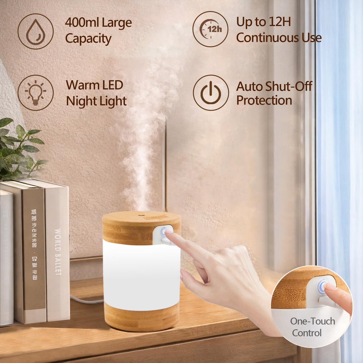 Bamboo Ultrasonic Mini Humidifier, 400ml Quiet Desktop Humidifier with Dual LED Night Light, USB-C Powered, Auto Shut-Off, Portable Small Room Air Moisturizer for Bedroom, Desk, Office & Travel