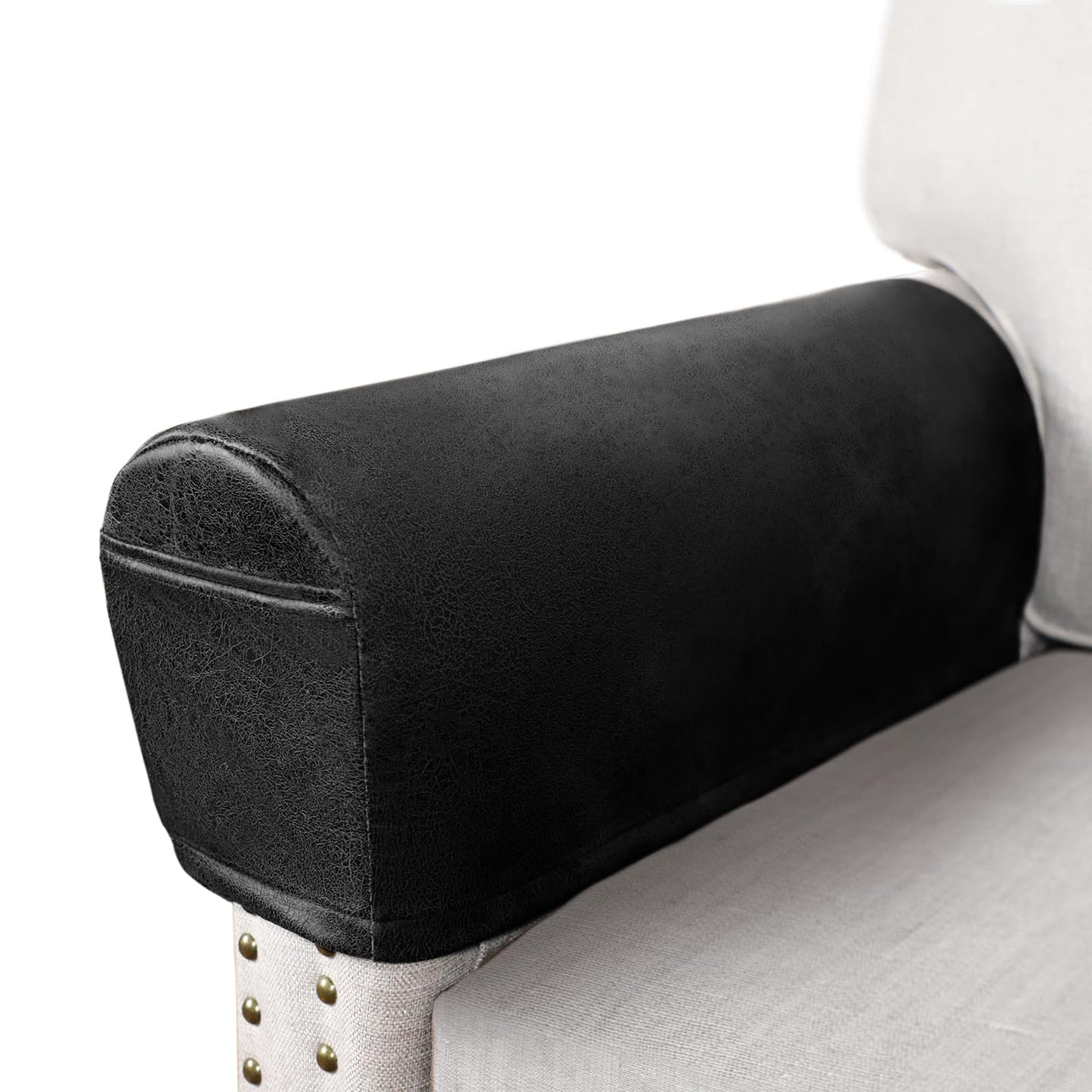 ANARACHON Leather Look Couch Arm Covers Set of 2 Armrest Covers for Sofa Chair Arm Protectors Stretch Armchair Slipcovers with Pockets Washable Spandex Fabric (Medium, Black)