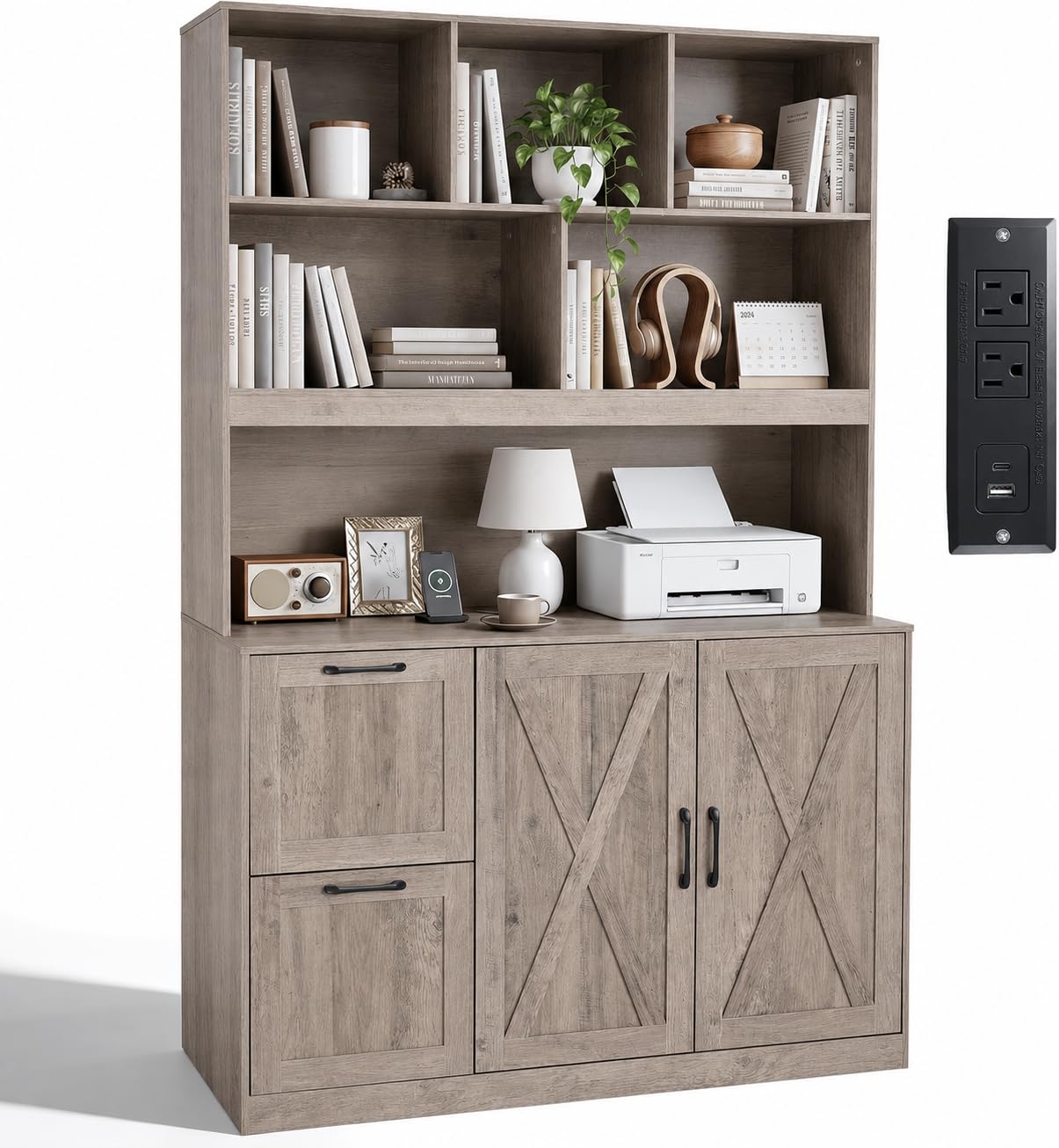 NORTHSKY 72'' Tall Bookshelf with Power Outlet, 2 Drawer File Cabinet for A4 Hanging Files, 3-Tier Open Shelves & Closed Storage Cabinets, Multifunctional Printer Stand - Greige