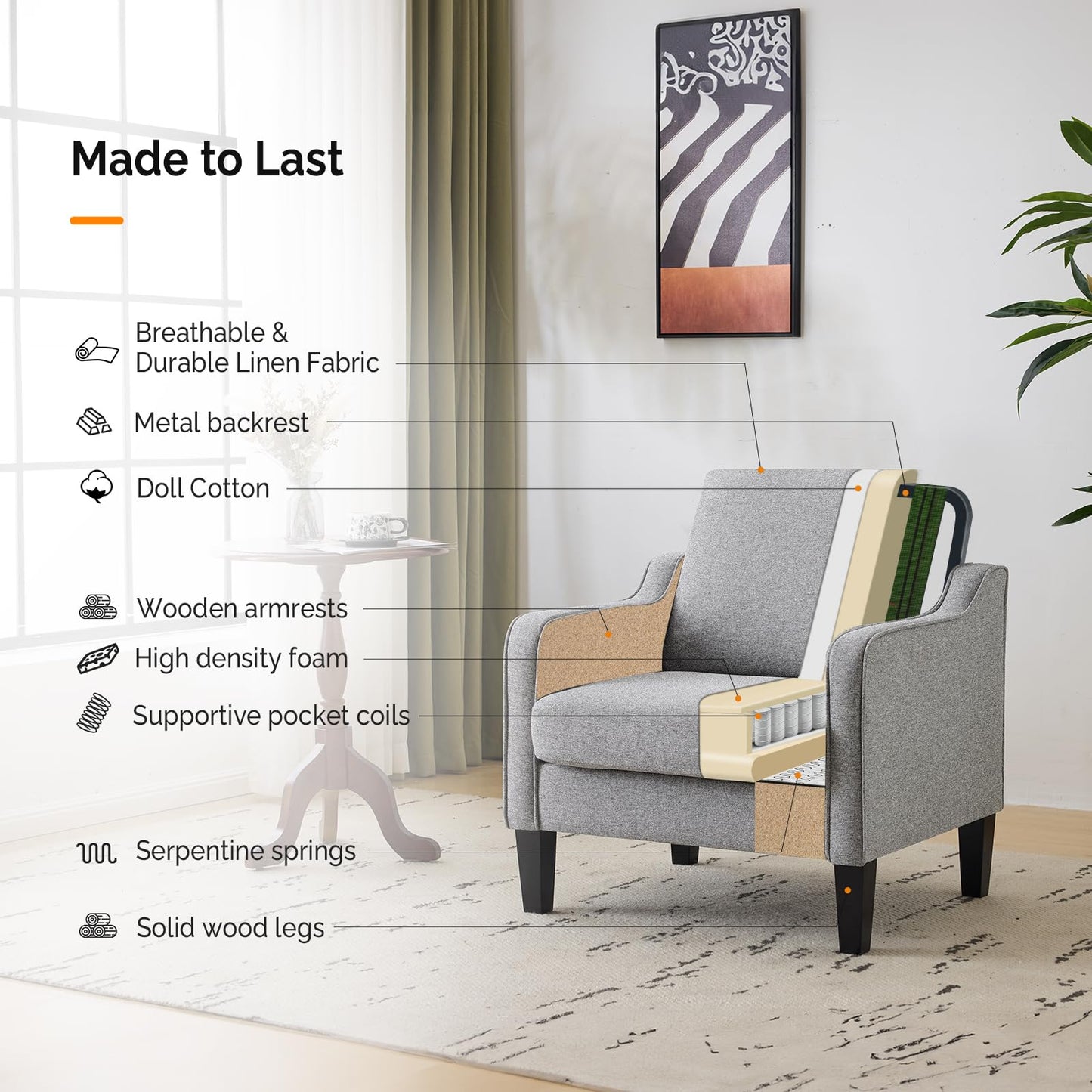 VINGLI Accent Chairs for Living Room Mid Century Modern Chair Sofa Chair Upholstered Arm Chair with Scooped Arms for Bedroom, Apartment, Office, Studio, Waiting Room, Play Room