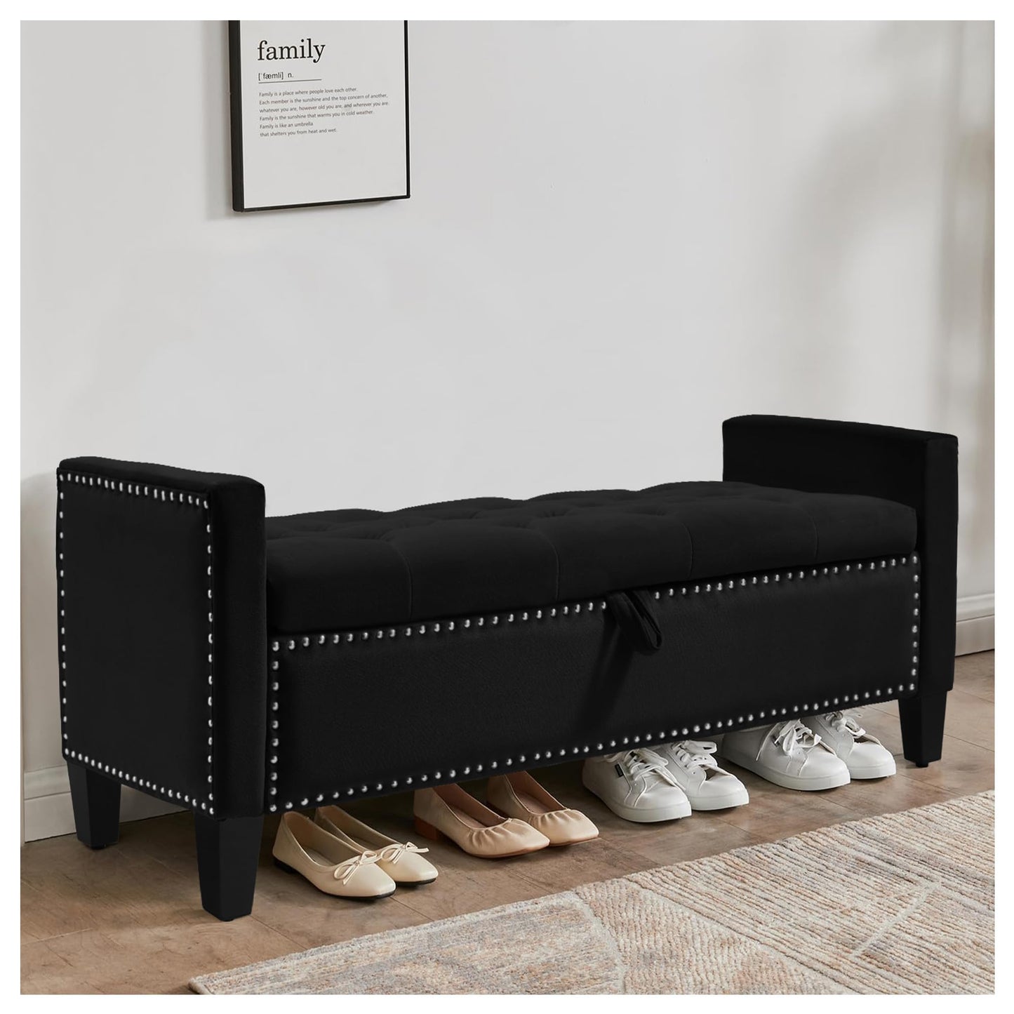 UDAX Storage Ottoman Bench, Velvet Upholstered Footstool for Bedroom and Living Room, Tufted Seat with Storage, Wooden Legs & Metal Rivets, Black