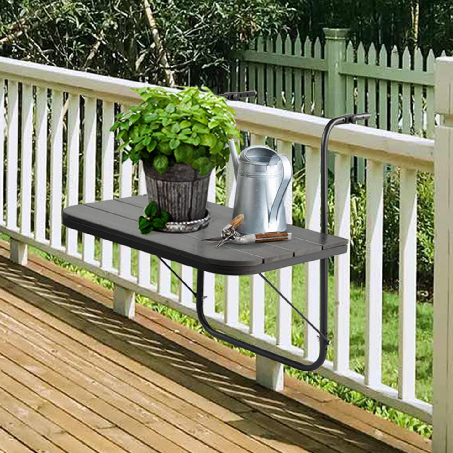 Balcony Table Hanging Deck Railing Table Outdoor Balcony Bar Tables for Railings Aluminium Folding Adjustable for Patio Deck Garden Baluster Windows 23.6" x 15.7", All Weather Space Saving Black