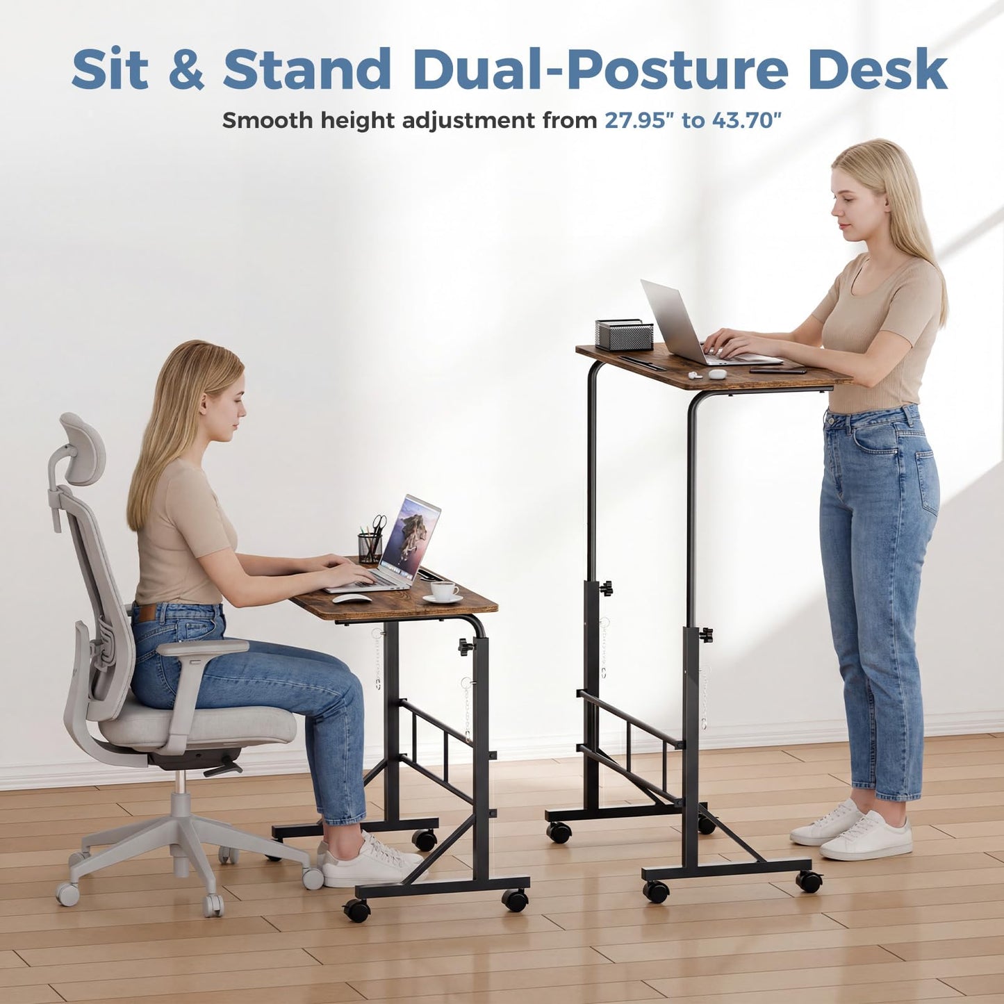 DUMOS 31.5" Adjustable Height Mobile Desk with Locking Wheels & Pin-Lock, Portable Workstation for Walking Pad & Active Home Office, Small Bedroom Desk, Rustic Brown