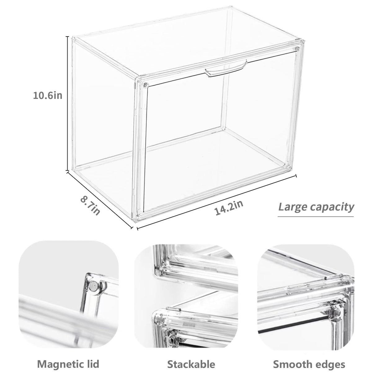 Clear Acrylic Display Case, Stackable Plastic Storage Bins with Magnetic Attraction Lid, Showcase for Cosmetic, Large Figures Collectibles, X-Large