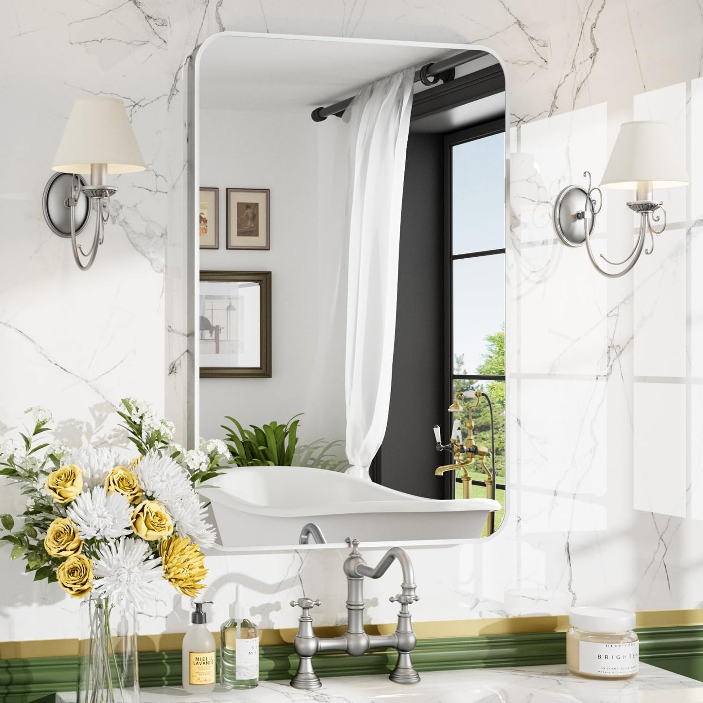 Umzodo 16x24 Inch Brushed Nickel Rounded Rectangle Vanity Mirror with HD Reflection, Shatter-Resistant Tempered Glass Bathroom Mirror for Over Sink, Aluminum Frame, Horizontal or Vertical