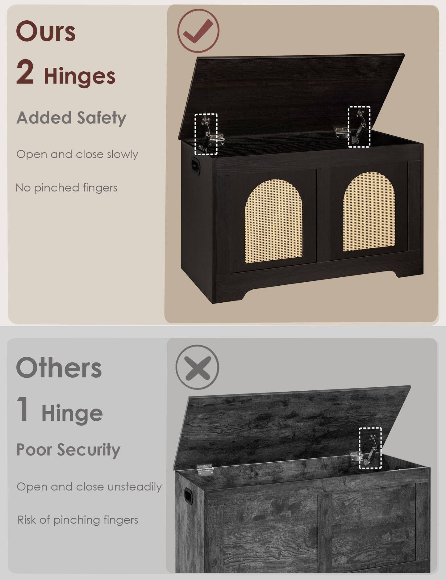 DINZI LVJ Storage Chest, 31.5" Rattan-Like Toy Box with 2 Safety Hinges, Wooden Entryway Storage Bench with Flip-Top, Storage Trunk for Living Room, Bedroom, Easy Assembly, Espresso and Natural