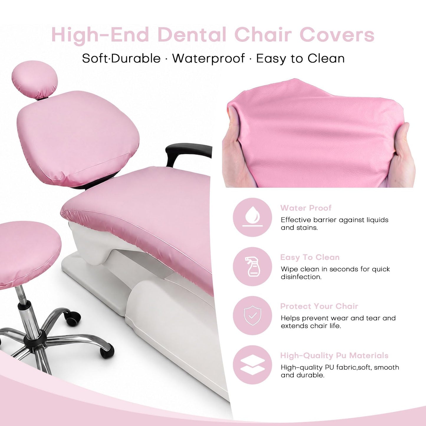 buyzg 5Pcs Dental Chair Covers Set - Waterproof & Non-Slip PU Leather Elastic Full Covers with Foot, Seat, Headrest & Backrest Protectors for Dental Clinic Chairs(Pink)