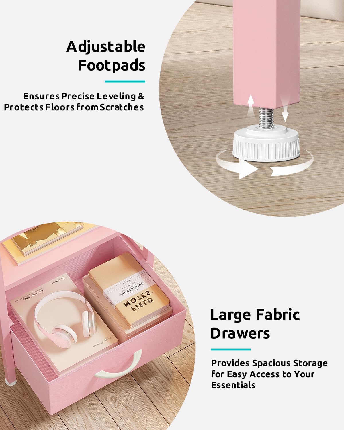 Lazzanto Night Stand Bedside Charger Bedroom - Nightstand with Charging Station & LED Light Strip, Night Stand with Storage Shelf & 2 Fabric Drawers, Morden End Table with USB Ports&AC Outlets,Pink