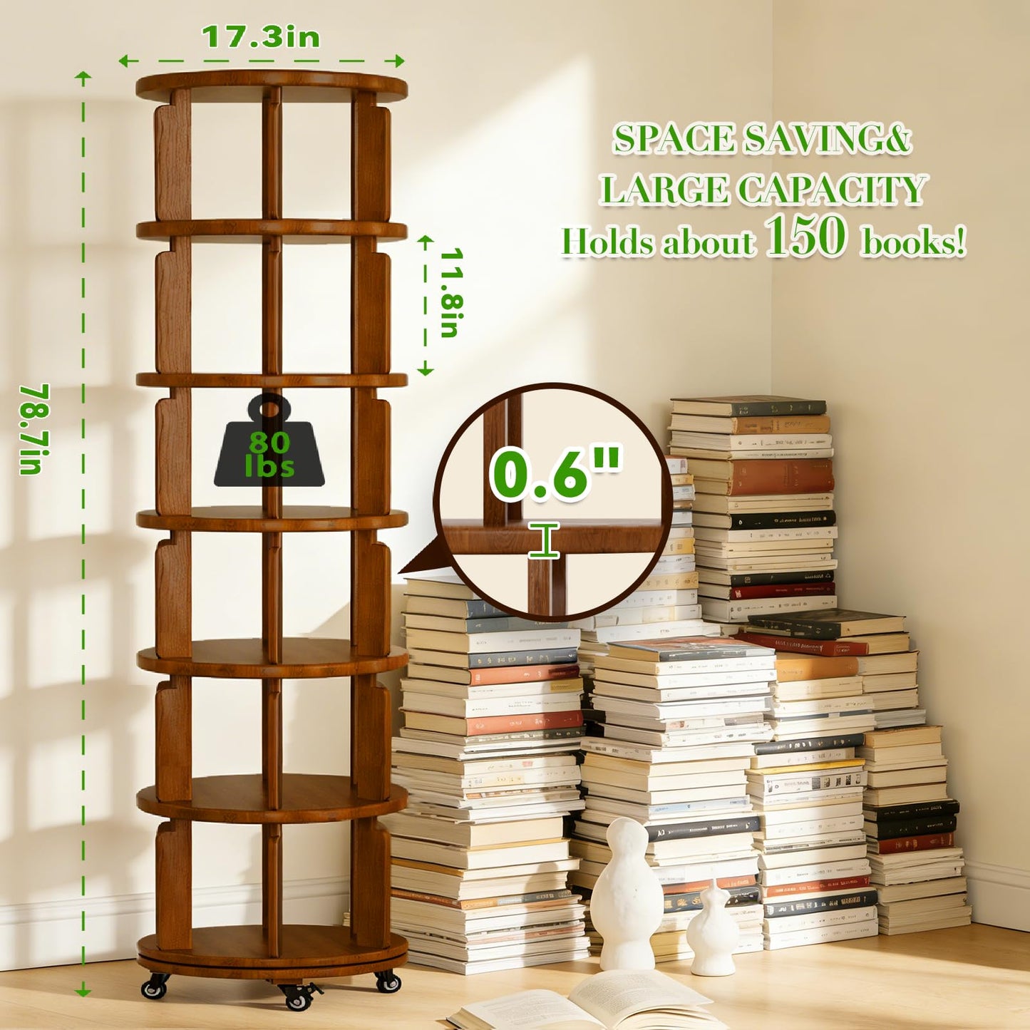 Azlafu 6 Tier 360° Rotating Solid Wood Bookshelf with Wheels, Lazy Susan Circular Spinning Revolving Corner Bookcase, Freestanding Storage Shelf for Bedroom Small Space, Walnut