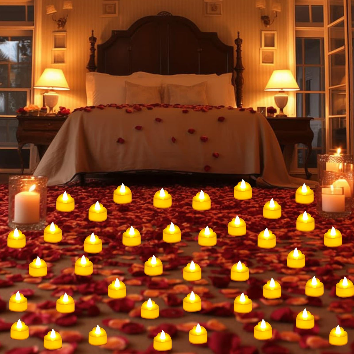 JMUQ 4000 Pieces Artificial Rose Petals with 48 Pieces Romantic Heart Led Tealight Candles, Rose Petals and Candles Set for Weddings Anniversaries Proposals Decor(Warm White Light)