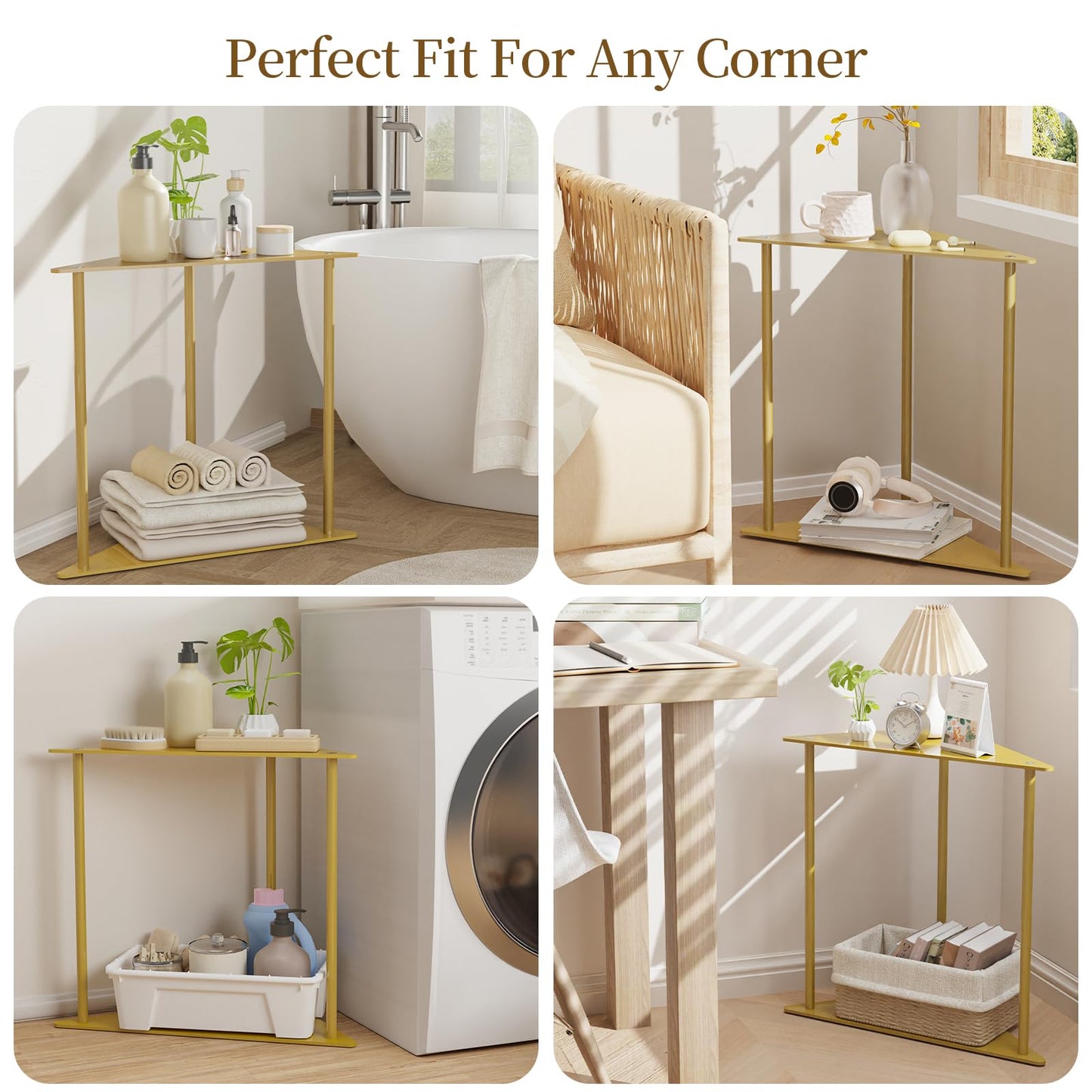 Yawinhe Metal Side Tables Set of 2,Small End Table with Storage Shelves,2-Tier Nightstand Bedside Table for Small Spaces,Modern Triangle Coffee Table for Living Rooms,Bedrooms,Golden,SZJ202J-2