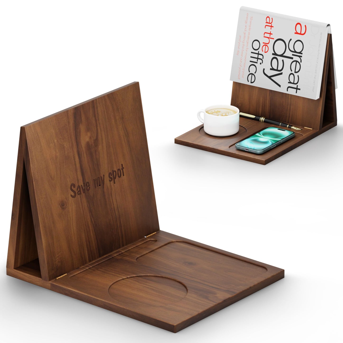 Triangle Book Holder, Book Rest, Acacia Foldable Book Nook Reading Valet, Triangle Book Stand with Cup, Pen, Glasses and Phone Holder for Bedroom, Nightstand or Office, Gifts for Book Lover (Walnut)
