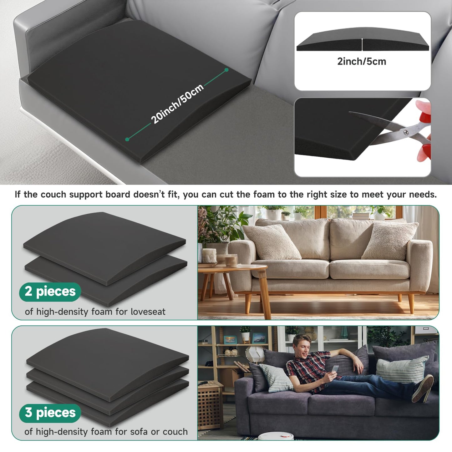 Langierspur Couch Cushions Support for Sagging Seats, Curved 20" x 20" High-Density Foam Support Board for Under Cushions, Firm Sofa Seat Repair Insert for Sectionals, Loveseats & Chairs，Black 2pcs