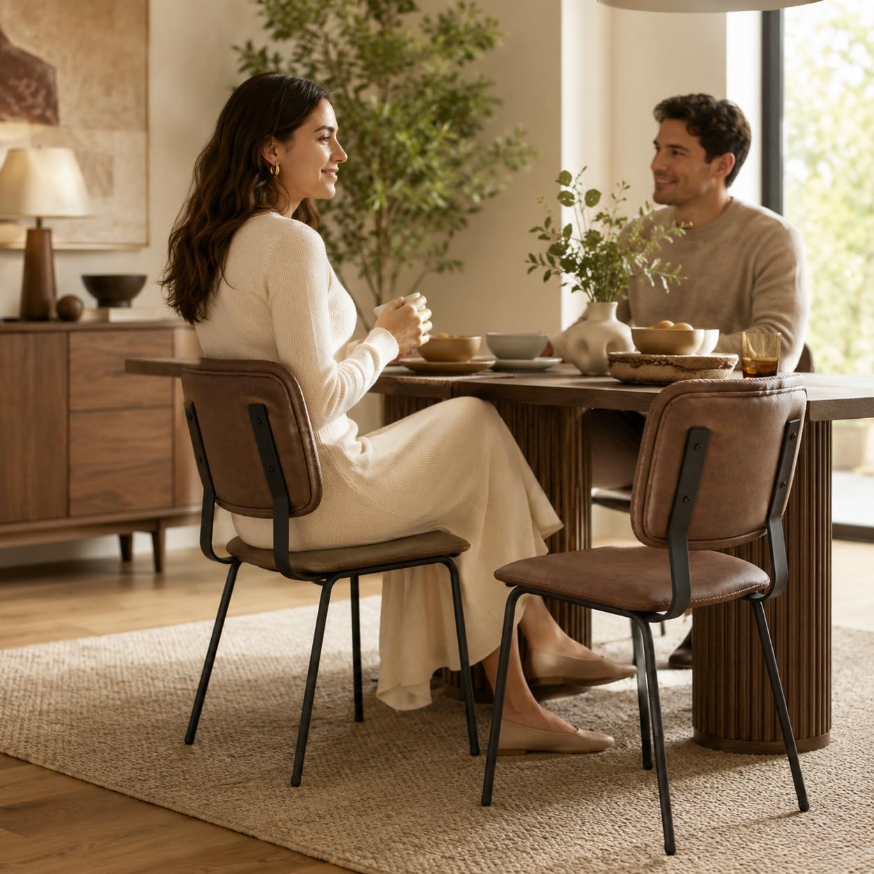OrvieraSol Brown Dining Chairs Set of 2, PU Leather Upholstered Kitchen Chairs with Padded Seat and Back, Modern Armless Side Chairs with Black Metal Legs for Dining Room, Vanity, Living Room