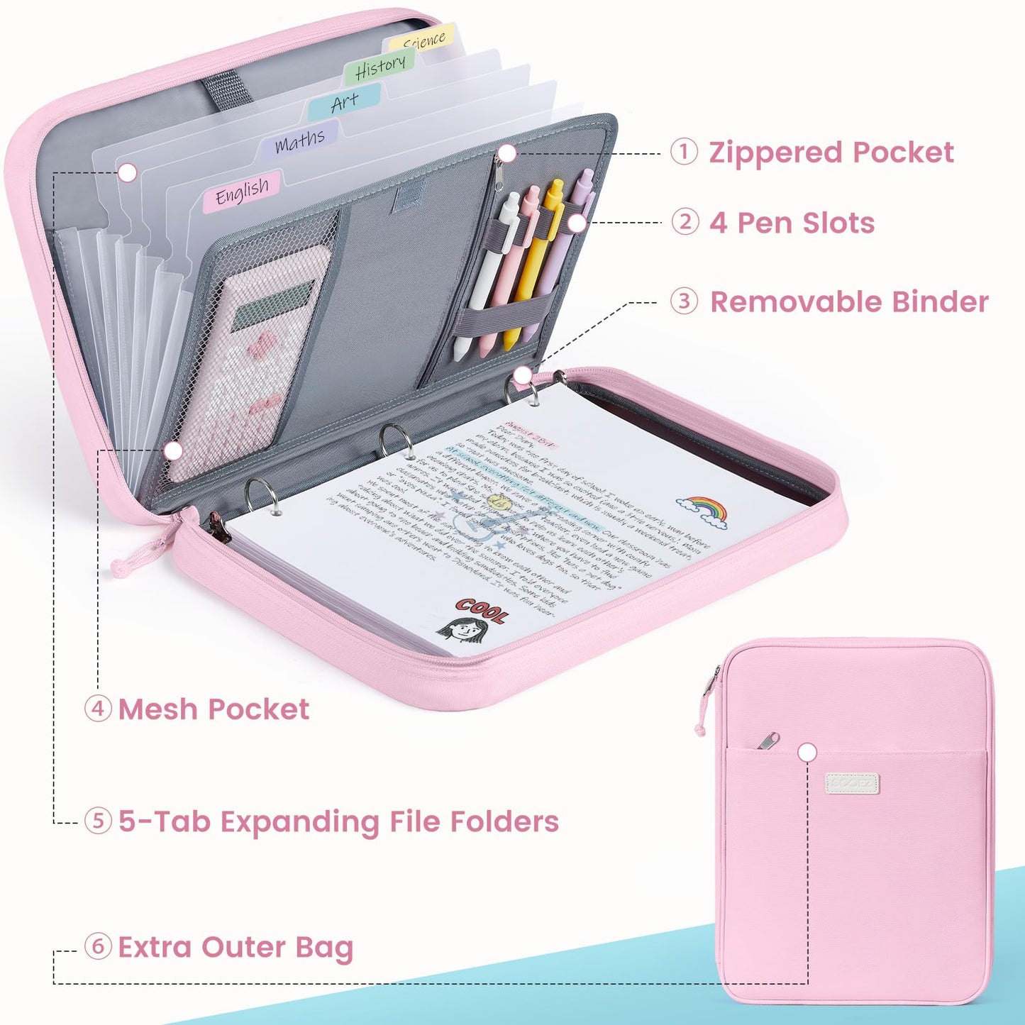 Sooez Zipper Binder Bag, 1 Inch Binders 3 Ring O-Ring, 5-Tab Dividers Expanding File Folder, 500-Sheet Capacity Three Ring Binder, Gray