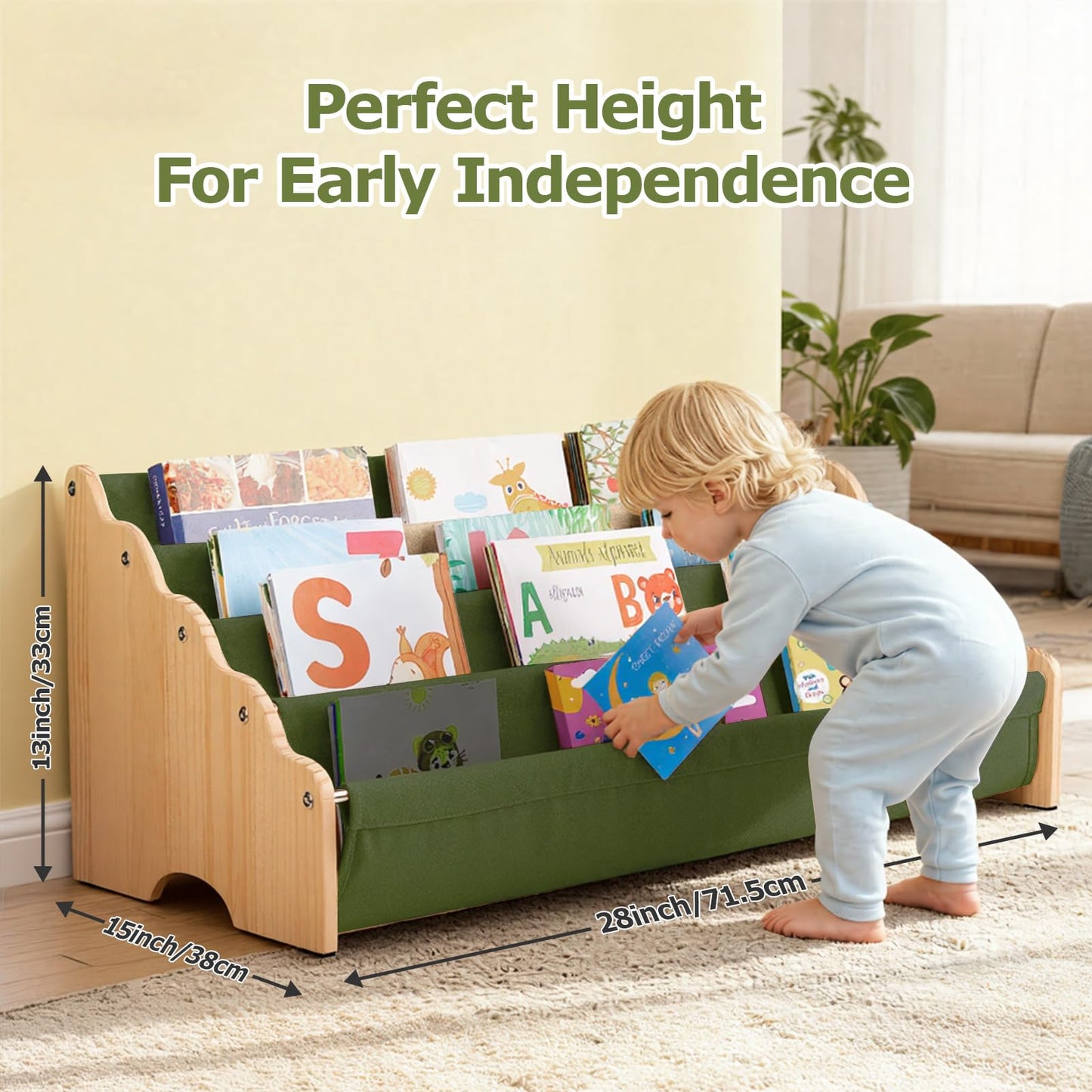 BeMarve Toddlers Bookshelf 100% Solid Pine Wood Montessori Nursery Bookcase 4-Tier Large Capacity, Sling Book Rack Organizer with Wavy Safety Edges for Kids Playroom Bedroom Classroom, Sage Green