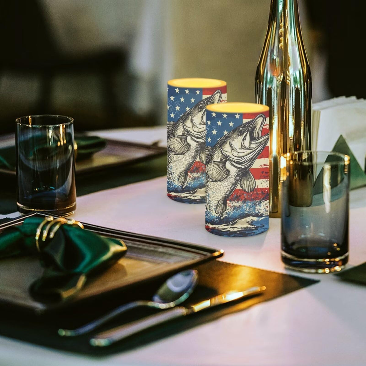 Luarisgur Summer Candles Battery Operated Flameless Candles with Remote and Timer Fish American Flag Electric Candles LED Flickering Candles for Home Farmhouse Room Bedroom Patriotic Decoration