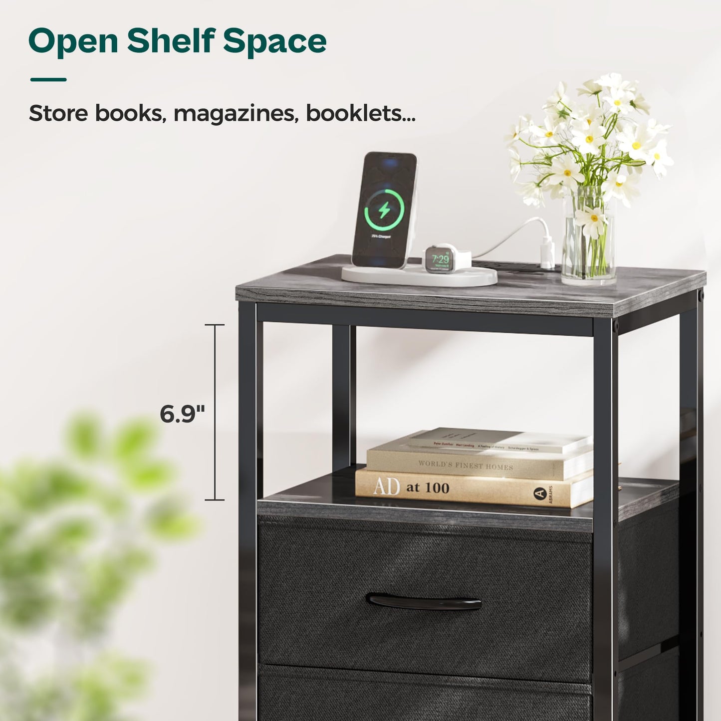 Huuger Nightstand with Charging Station, Side Table with Fabric Drawers, End Table with Open Shelf, Bedside Table with USB Ports and Outlets, Night Stand for Bedroom, Charcoal Gray