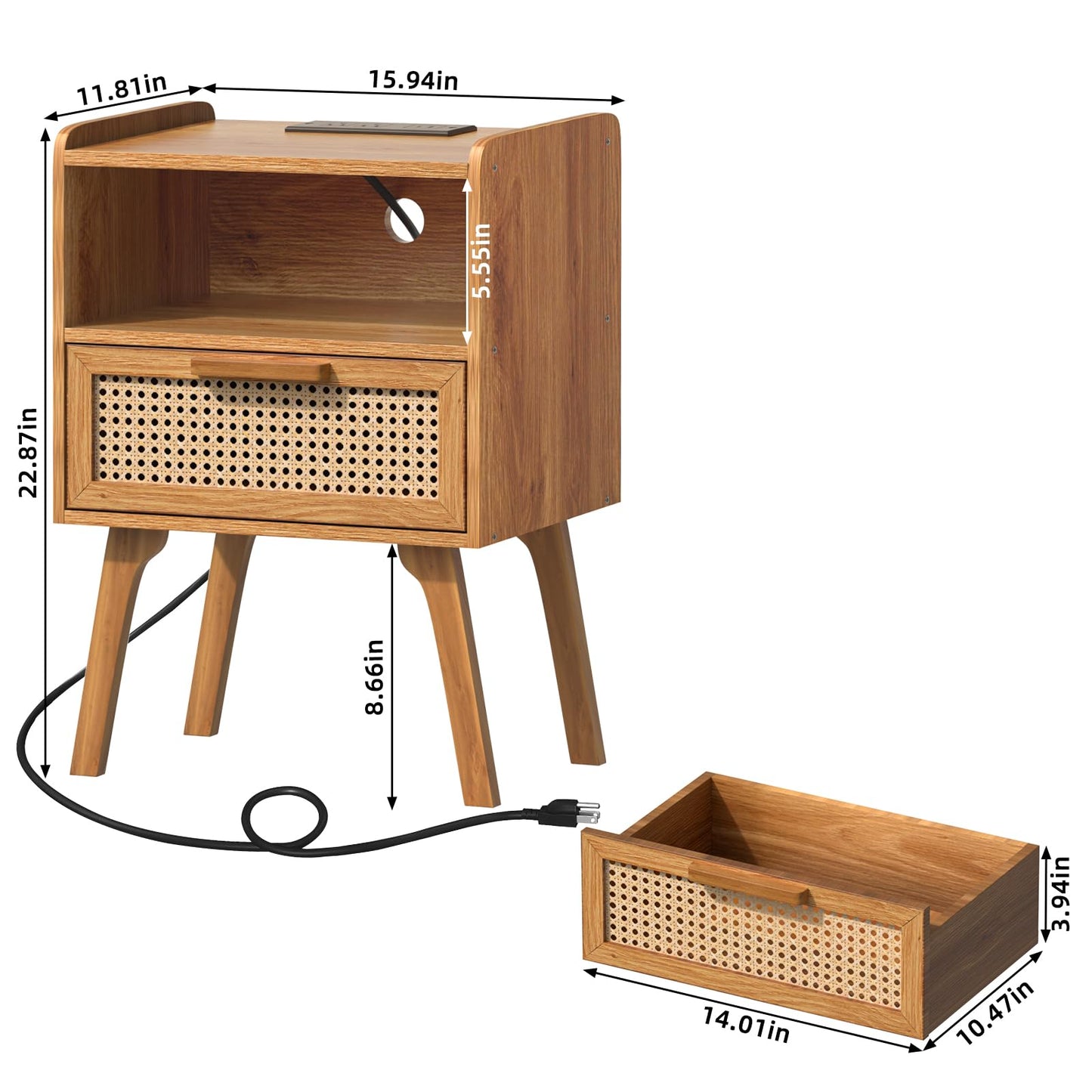 Lerliuo Rattan Nightstand with Charging Station, Side Table with Drawer, Cane Accent Bedside End Table with Solid Wood Legs, Night Stand for Bedroom, Dorm and Small Spaces (Tea Brown)