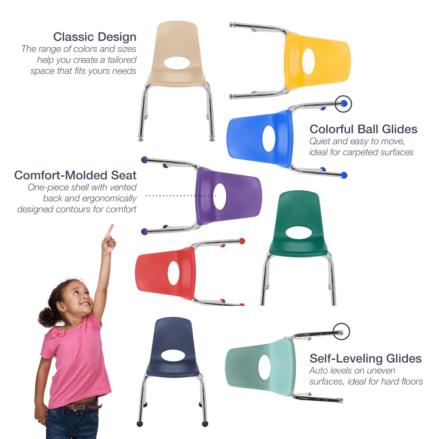 FDP 18" School Stack Chair, Stacking Student Seat with Chromed Steel Legs and Nylon Swivel Glides For In-Home Learning, Classroom or Office - Navy (5-Pack), 10371-NV