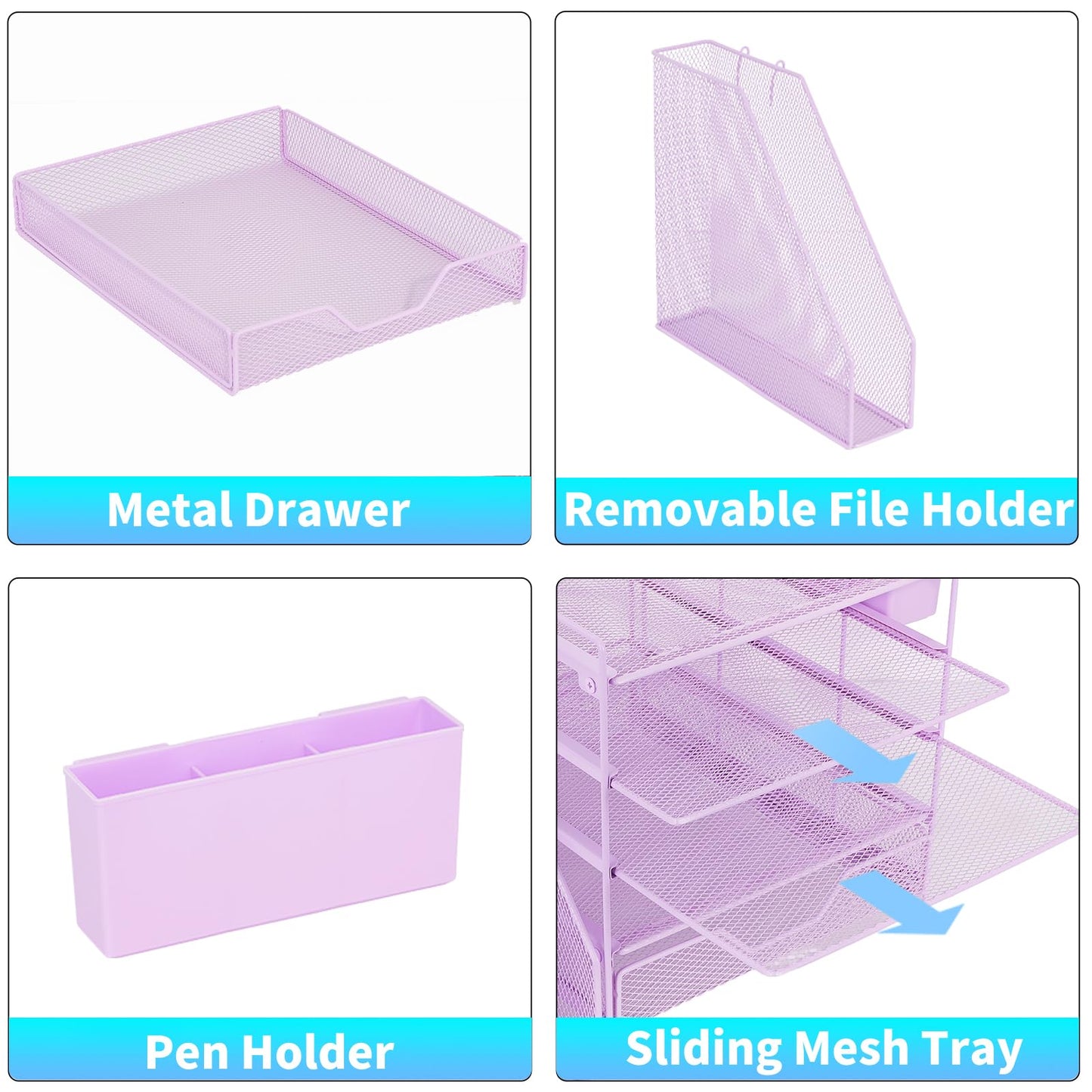 Gugsey Desk Organizers and Accessories, 5-Tier Paper Letter Tray Organizer with File Holder, Drawer & Pen Holder, Office Desk Accessories, Desktop Organizer for Classroom Office Supplies, Purple