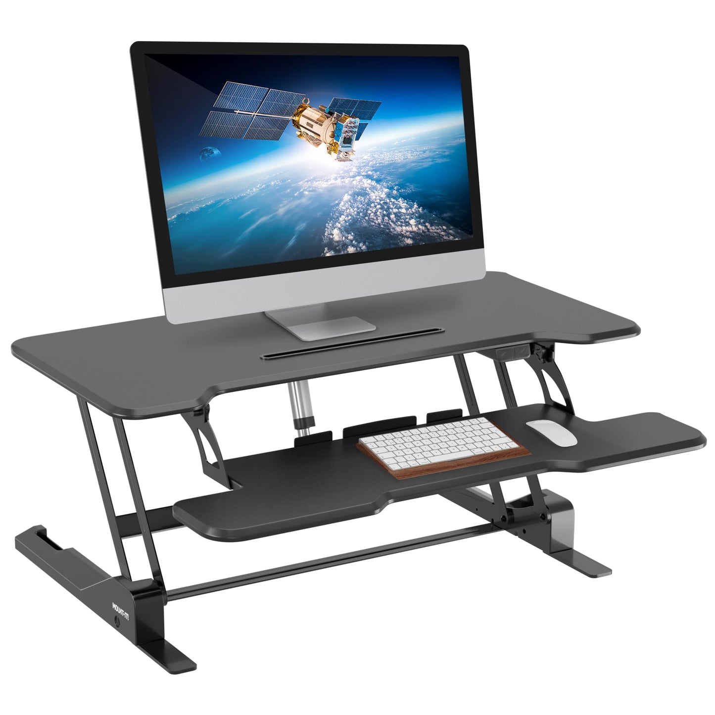 Mount-It! Electric Standing Desk Converter with 38" Tabletop, Height Adjustable Sit Stand Desk Riser, Motorized Desk Riser with Keyboard Tray and Device Slot, Fits Monitor & Laptop, Black