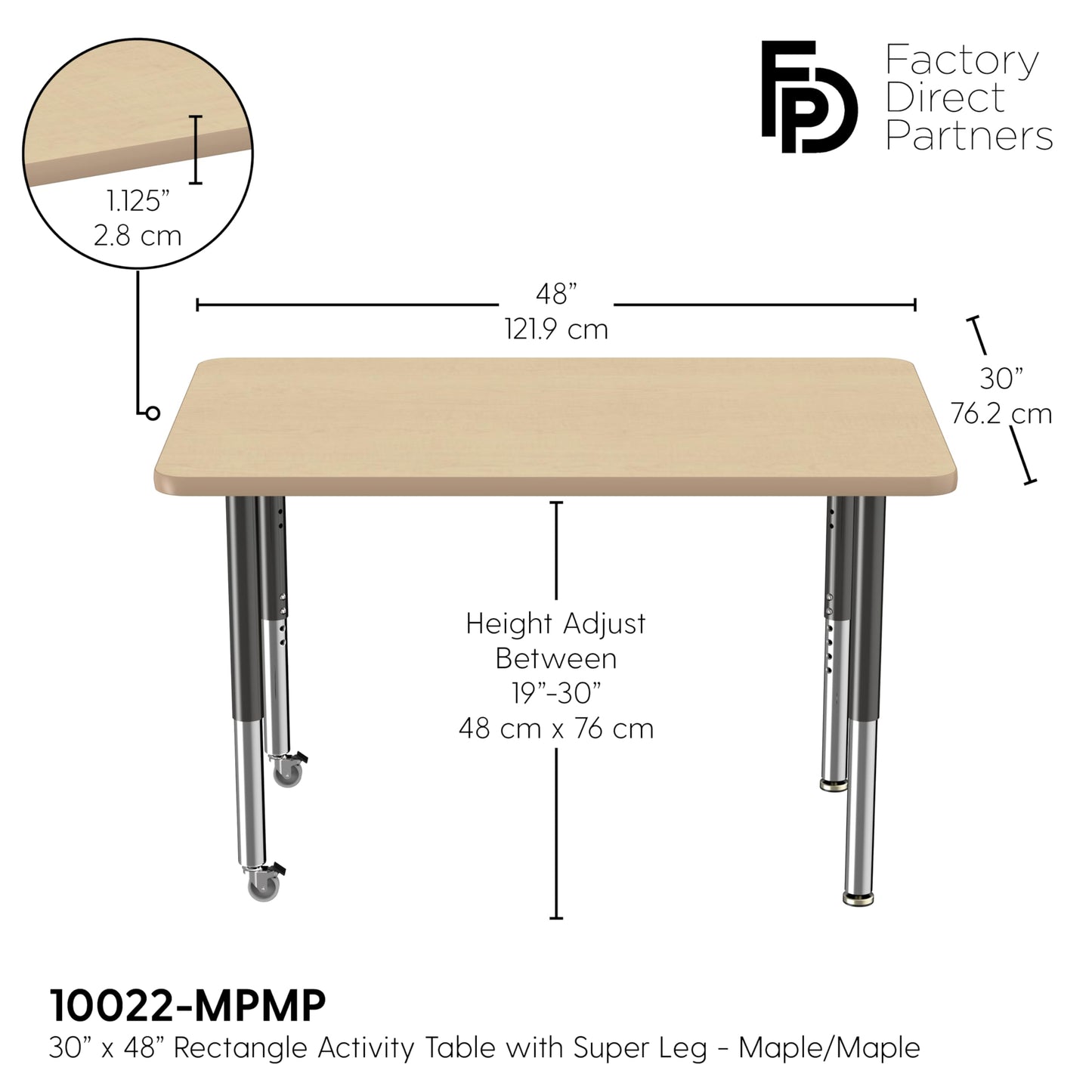 Factory Direct Partners FDP Mobile Rectangle Activity School and Office Table (30 x 48 inch), Super Legs with Glides and Casters, Adjustable Height 19-30 inches - Maple Top and Maple Edge