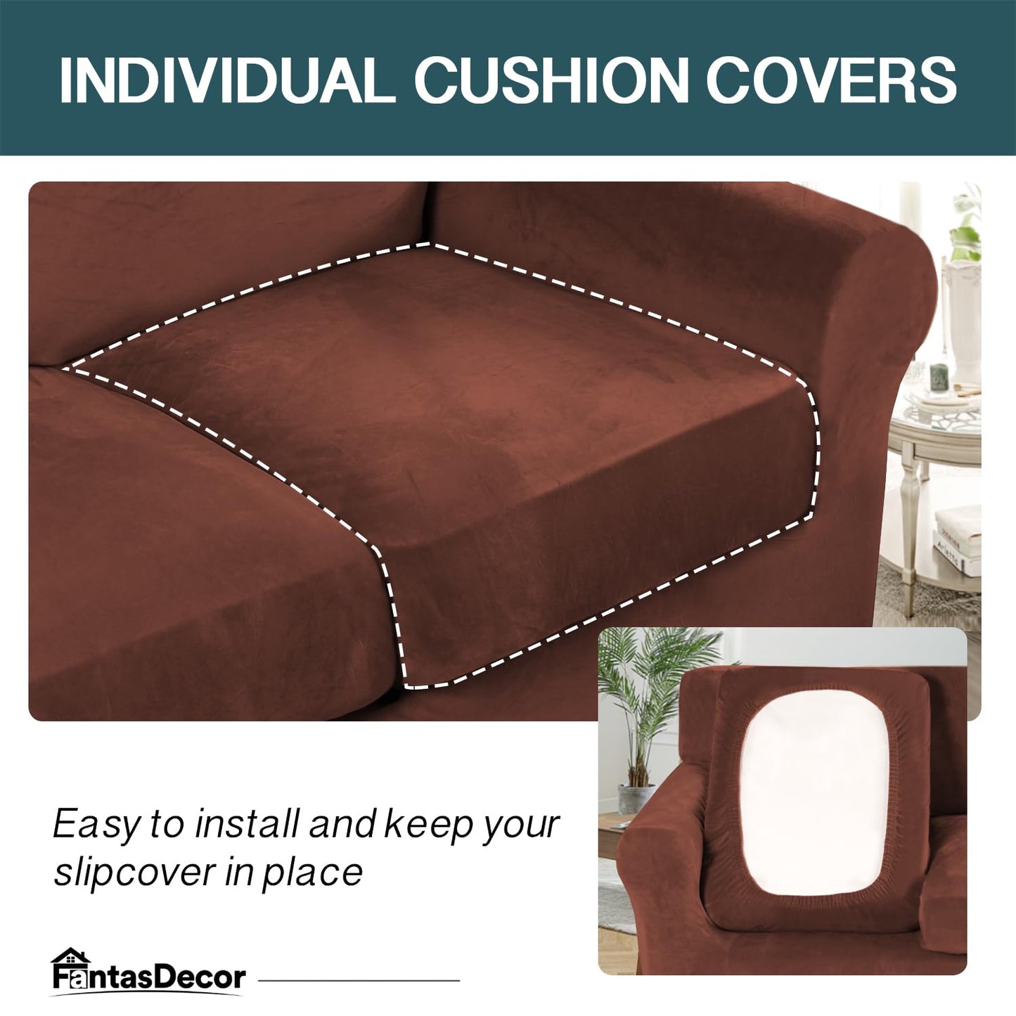 FantasDecor 3 Piece Sofa Covers Velvet for 2 Cushion Couch Stretch Loveseat Slipcover with Individual Seat Elastic Furniture Protector for Pets (Loveseat, Burnt Brick)