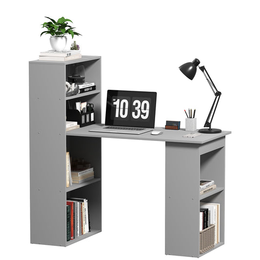 HOMCOM Modern Home Office Desk with 6-Tier Storage Shelves, 47" Writing Desk with Bookshelf, Gray