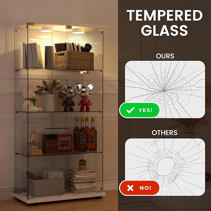 Display Cabinet with Light, Glass Door and Lock, 4-Shelf Fast Installation in