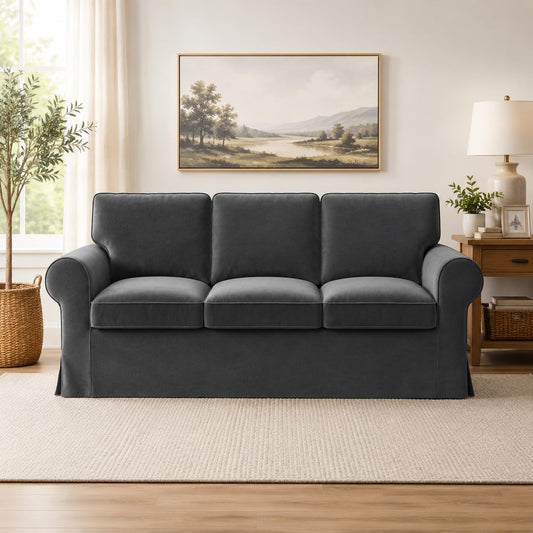 Velvet Pet-Friendly Replacement Sofa Cover Compatible for IKEA Ektorp 3 Seat Sofa Slipcovers, Couch Cover Only, 7-Piece Slipcover, Grey, Couch Cover Not Include The Sofa Body