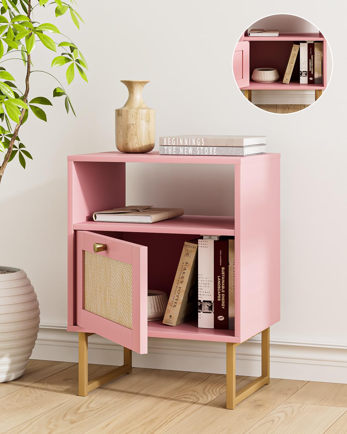 Apetaccat Rattan Nightstand, Boho Night Stand Farmhouse Wood Bedside Table with Storage and Open Shelf, End Side Accent Table for Bedroom,Living Room,Pink