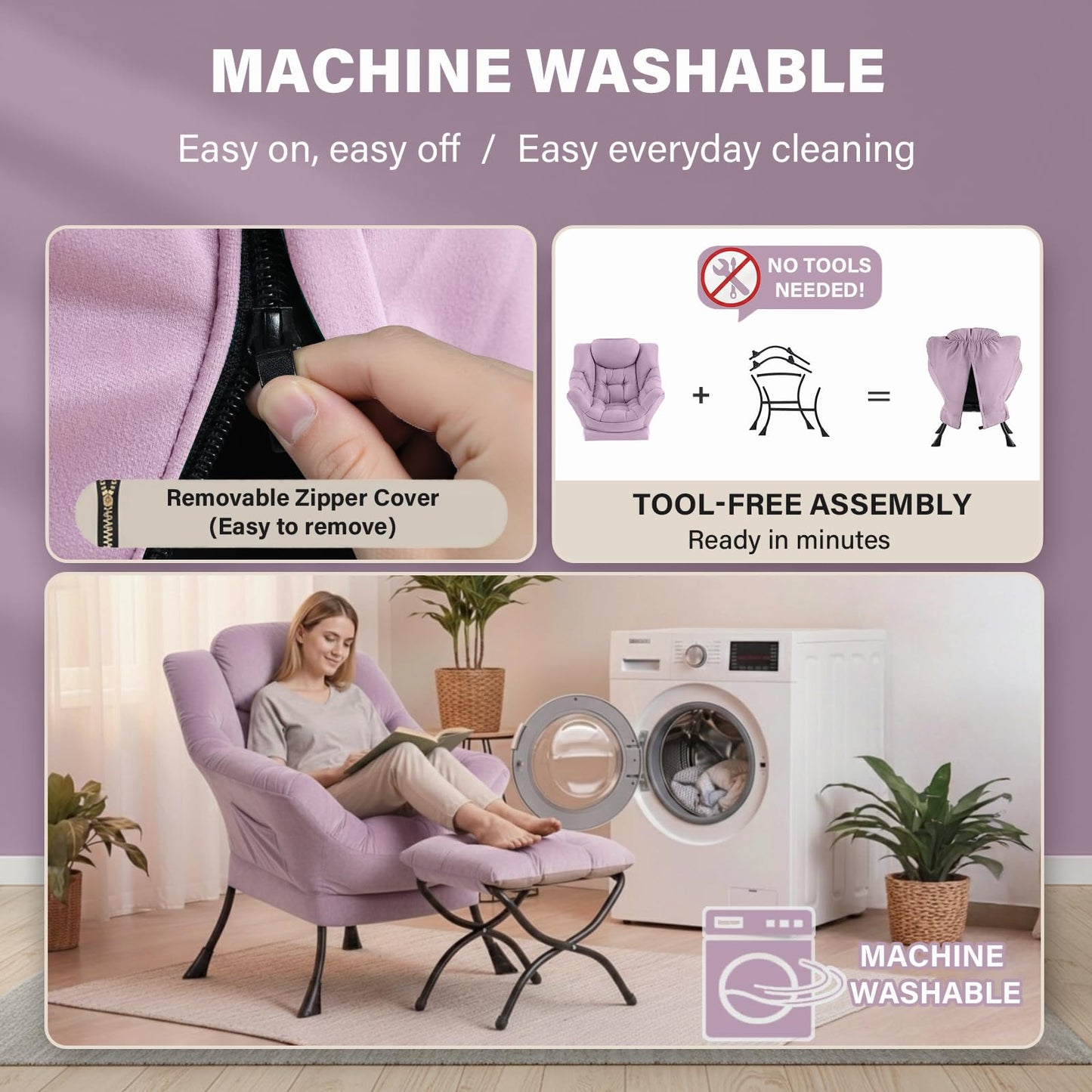 Givjoy Lazy Chair and Ottoman, Large Velvet Light Purple Accent Chair with Side Pocket, Modern Leisure Upholstered Reading Armchair with Footrest for Office, Bedroom, Living Room, Dorm Rooms, Balcony