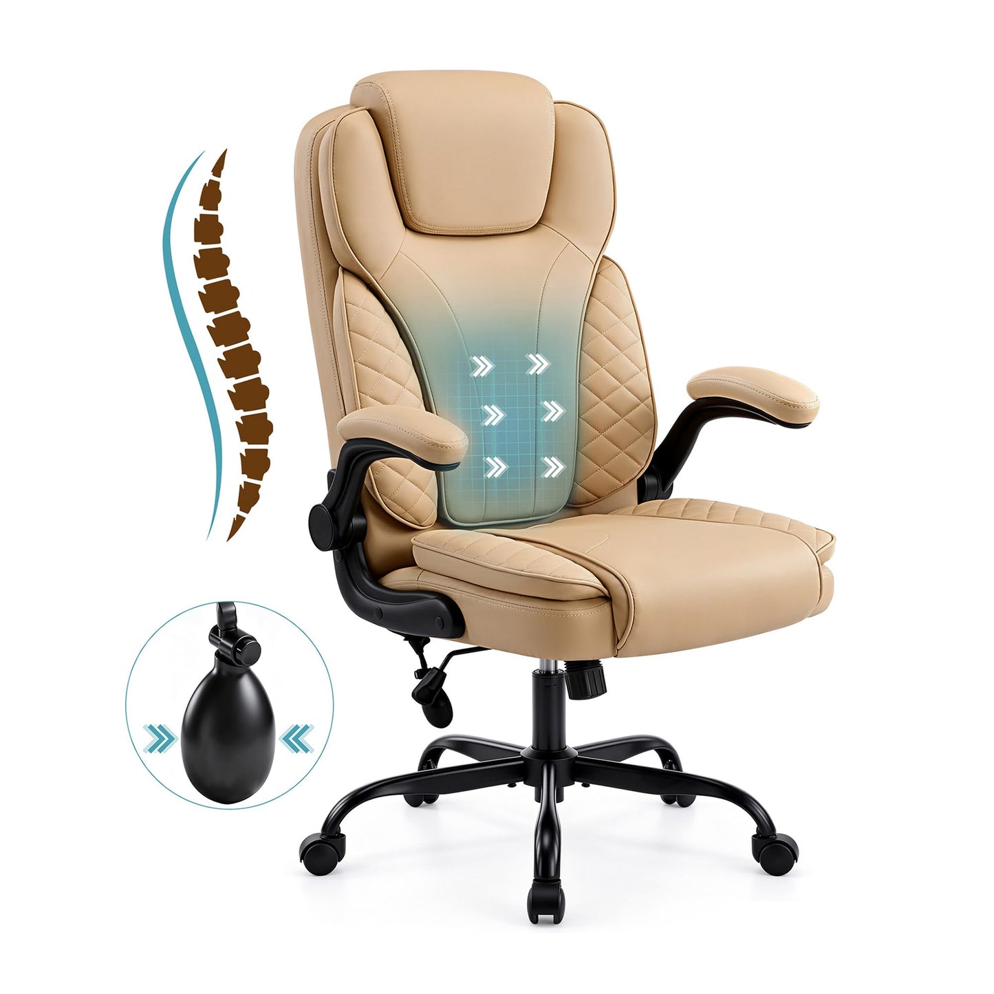 Hayelf Ergonomic Office Chair, PU Leather High Back Executive Chair with Adjustable Inflatable Lumbar Support and Padded Flip-Up Arms, Recline Swivel Task Computer Chair for Home Office, Khaki