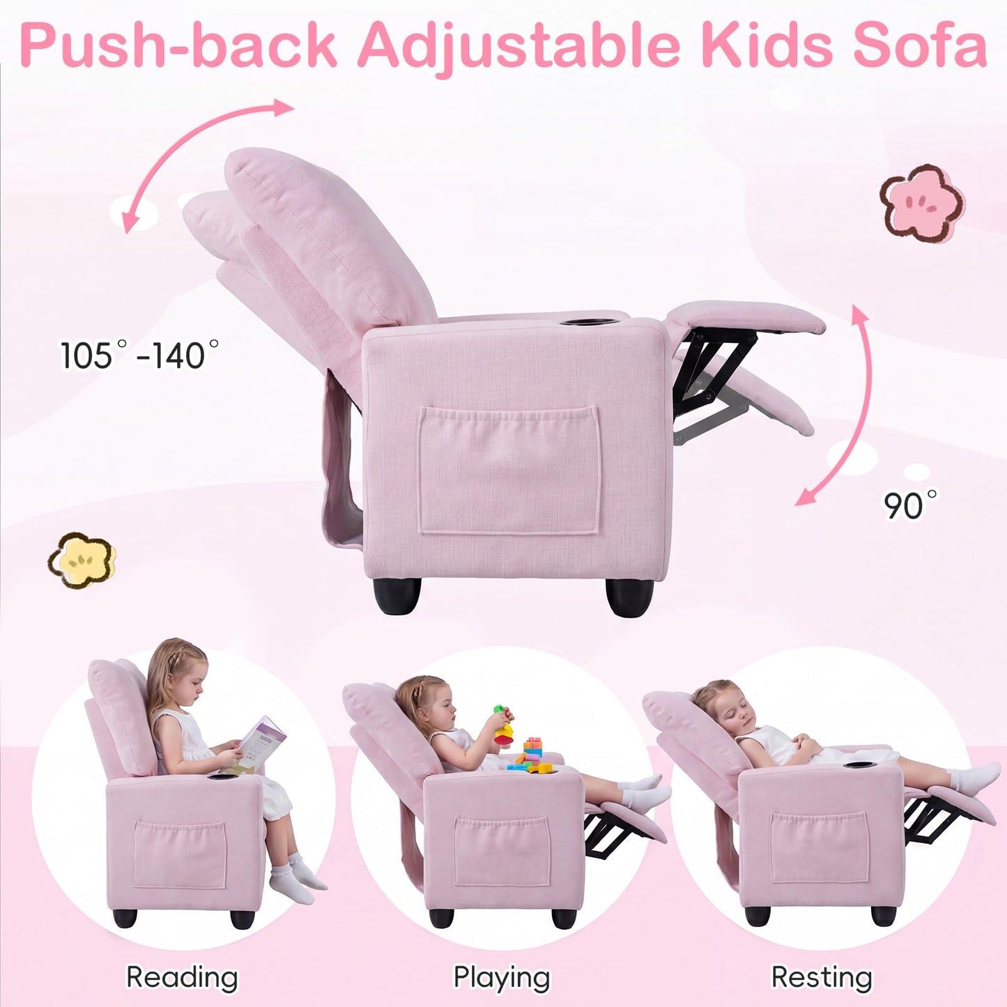 Costzon Kids Recliner Chair with Cup Holder, Toddler Adjustable Lounge Chair w/Footrest for Boys Girls Room, Ergonomic Baby Child Furniture Sofa for Age 3+ Gifts, Kids Mini Recliner up to 150 lbs