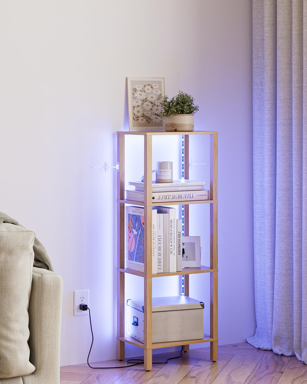 Apetaccat Open Book Shelf with LED Lights, 4 Tier Small Bookshelf, Freestanding Shelf Narrow Bookcase with Open Shelves, 14.96" x 10.63" x 41.26", Book Shelves for Living Room, Office, Study, Oak