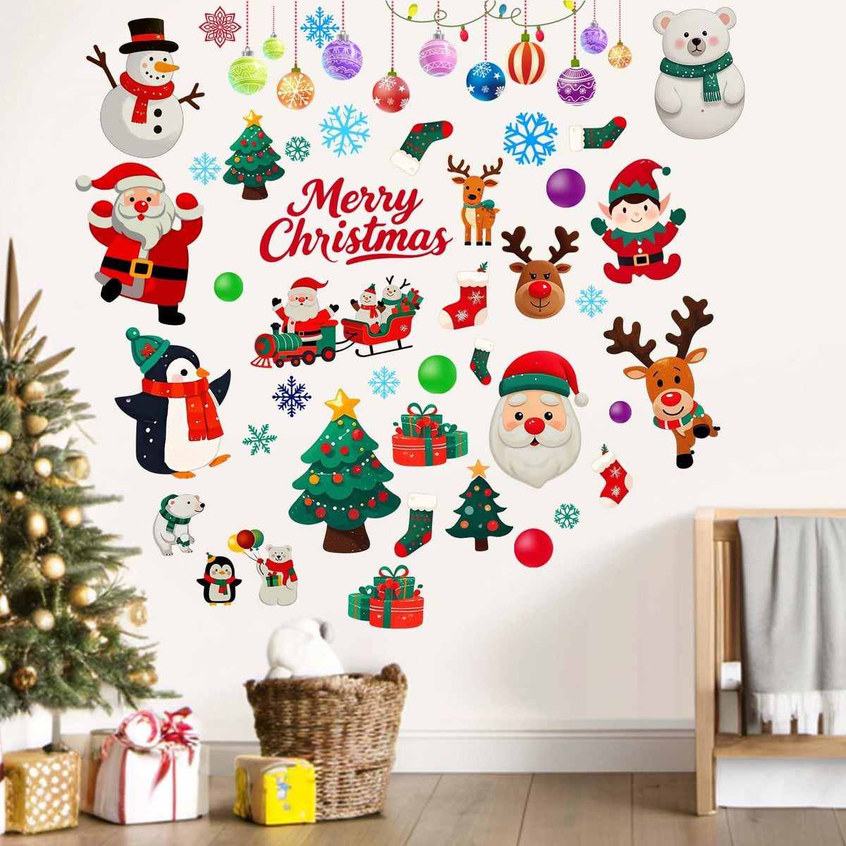 Christmas Santa Wall Decals for Kids: Festive Holiday Chrismas Tree Wall Stickers for Indoor Home Decor - Living Room Kids Room Windows Door - Easy Peel and Stick Family Activity