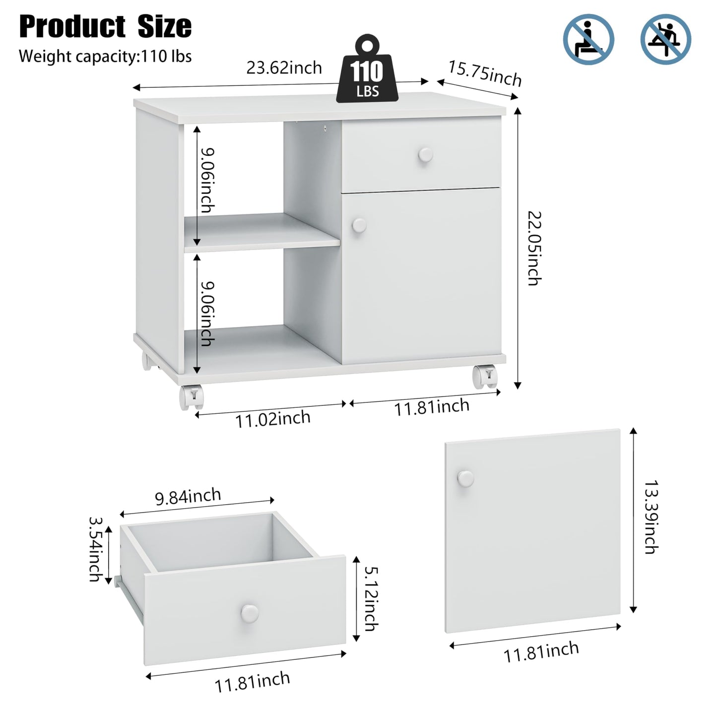 Quikraen Rolling File Cabinet Mobile Filing Cabinets with Doors, Adjustable Shelves Storage Cabinet, Lateral Printer Stand with Drawer for Office Supplies Mobile Filing Cabinet White