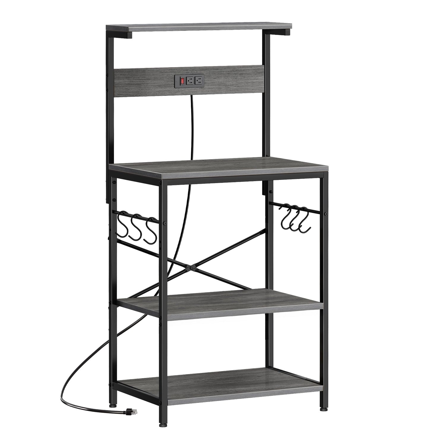 SUPERJARE Kitchen Bakers Rack with Power Outlet, Coffee Bar Table 4 Tiers, Kitchen Microwave Stand with 6 S-Shaped Hooks, Storage Shelf Rack for Spices, Pots and Pans - Charcoal Gray