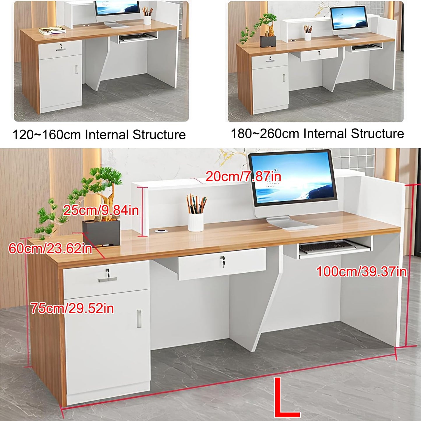 Modern Reception Desk with Counter, Lockable Drawer & Cabinet, LED Light Strip - Stylish Receptionist Station for Office, Salon, Boutique, Lobby & Shop
