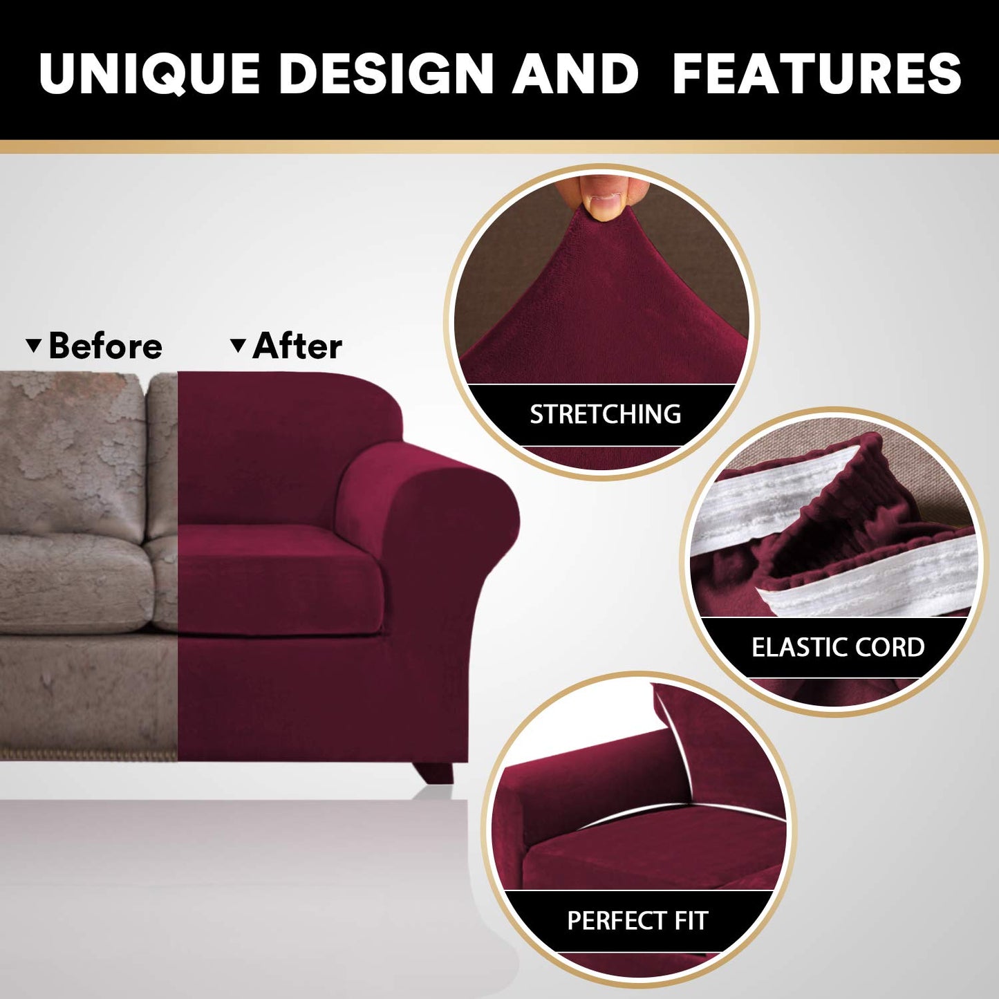 PrinceDeco Velvet Couch Cover Loveseat Covers for 2 Cushion Couch 3 Piece Sofa Covers for Dogs Washable Loveseat Covers Width Up to 72 Inch No Slip Stretch Sofa Slipcover(Medium, Burgundy)